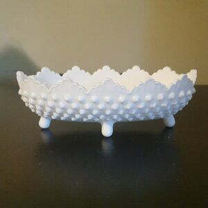 VTG Fenton 4-toed pickle dish Milk Glass Hobnail scalloped sawtooth planter 8"